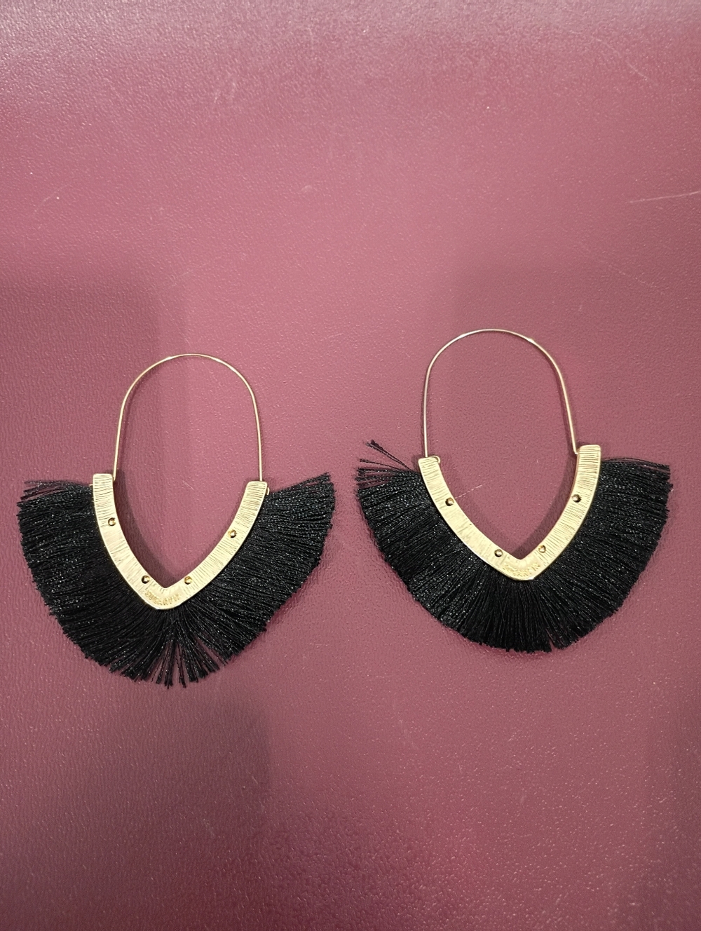 Hand Crafted Gold V-Shaped Hoop Earrings with Black Fringe
